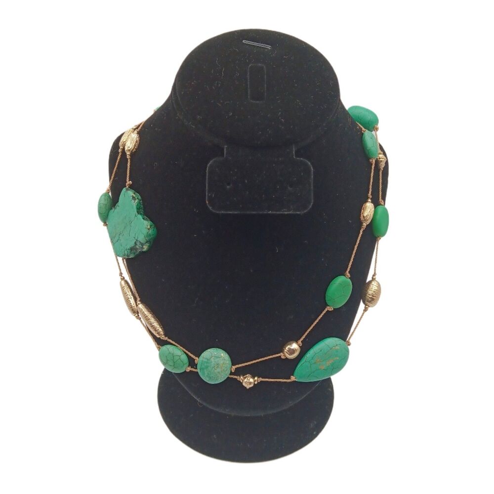 Chico’s Green Turquoise Necklace 44” Cabochon Bead Slab Brushed Gold Tone Boho